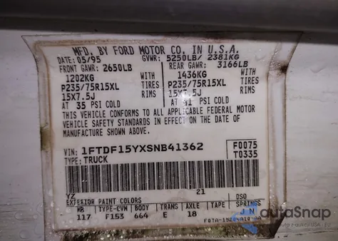 1995 Ford F150 из США, поврежденный, VIN 1FTDF15YXSNB41362